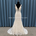 Latest Arrival Gorgeous Champagne Backless Lace Beach Mermaid Bridal Wedding Gown Dress